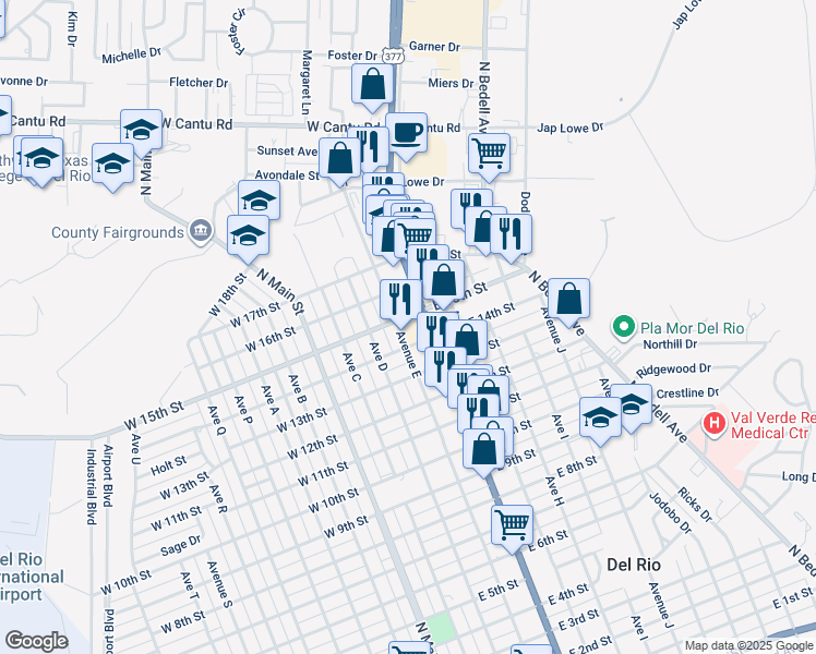 map of restaurants, bars, coffee shops, grocery stores, and more near 1603 Avenue East in Del Rio