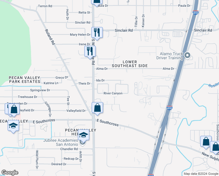 map of restaurants, bars, coffee shops, grocery stores, and more near 4622 Ida Falls in San Antonio