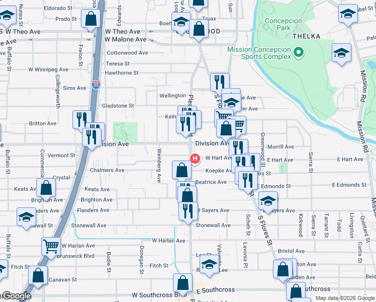 map of restaurants, bars, coffee shops, grocery stores, and more near 207 West Hart Avenue in San Antonio