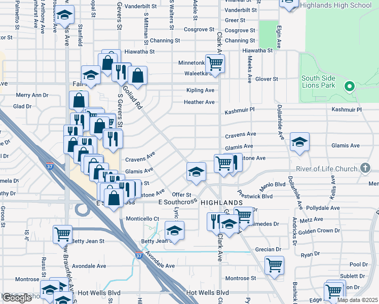 map of restaurants, bars, coffee shops, grocery stores, and more near 322 Glamis Avenue in San Antonio