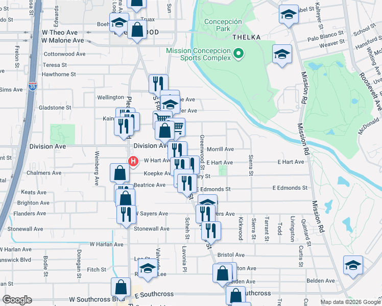 map of restaurants, bars, coffee shops, grocery stores, and more near 134 Morrill Avenue in San Antonio