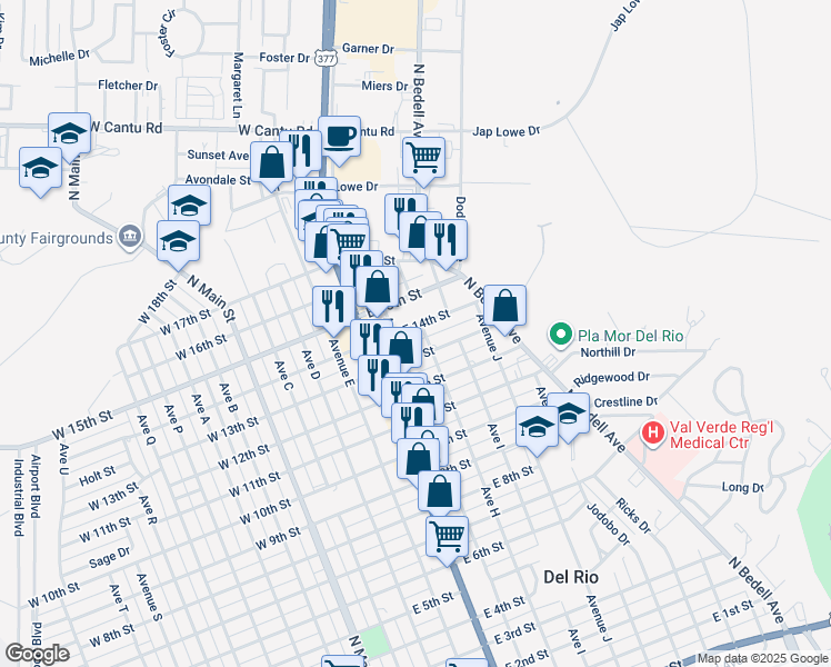 map of restaurants, bars, coffee shops, grocery stores, and more near 607 East 14th Street in Del Rio
