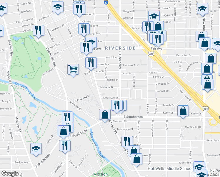 map of restaurants, bars, coffee shops, grocery stores, and more near 120 Mebane Street in San Antonio