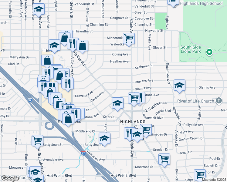 map of restaurants, bars, coffee shops, grocery stores, and more near 322 Glamis Avenue in San Antonio