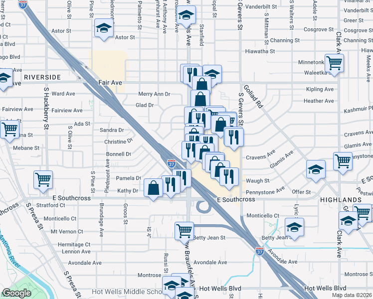 map of restaurants, bars, coffee shops, grocery stores, and more near 255 Maurine Drive in San Antonio