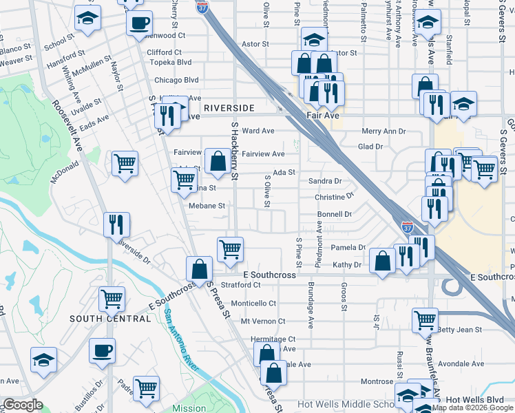 map of restaurants, bars, coffee shops, grocery stores, and more near 206 Cox Avenue in San Antonio
