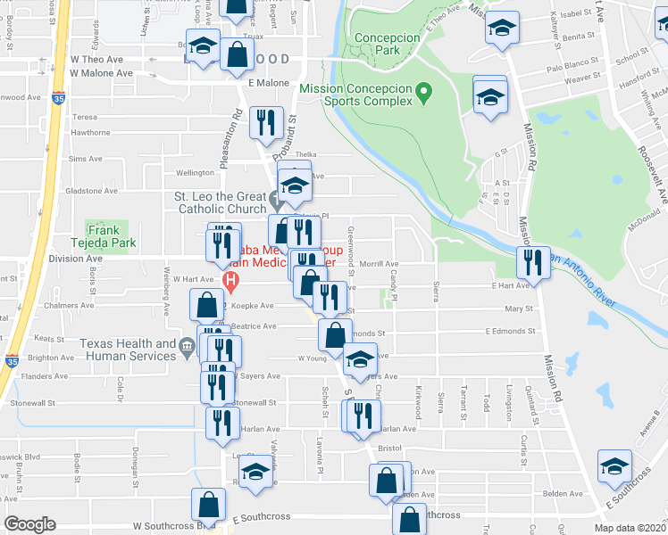 map of restaurants, bars, coffee shops, grocery stores, and more near 134 Morrill Avenue in San Antonio