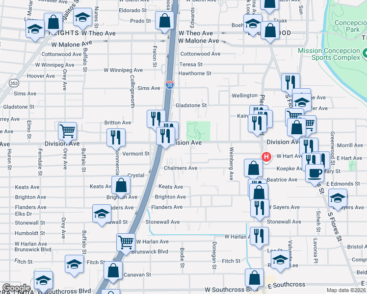 map of restaurants, bars, coffee shops, grocery stores, and more near 507 West Hart Avenue in San Antonio