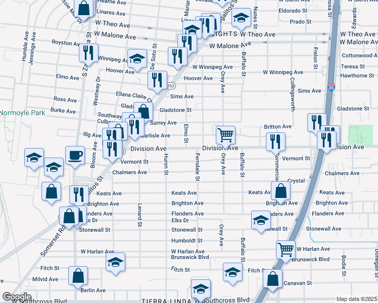 map of restaurants, bars, coffee shops, grocery stores, and more near 1130 Division Avenue in San Antonio