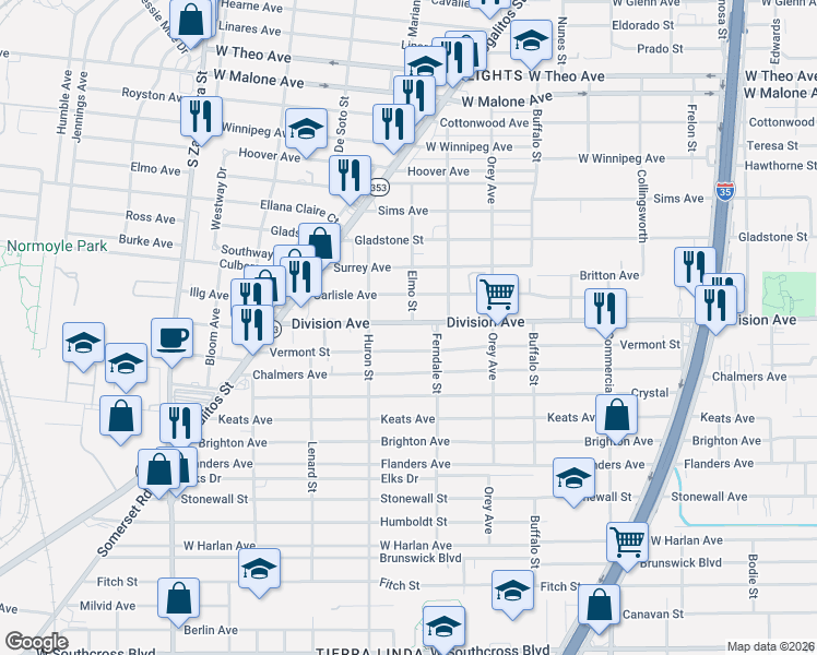 map of restaurants, bars, coffee shops, grocery stores, and more near 1130 Division Avenue in San Antonio