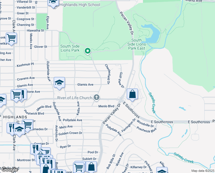 map of restaurants, bars, coffee shops, grocery stores, and more near 1014 Glamis Avenue in San Antonio
