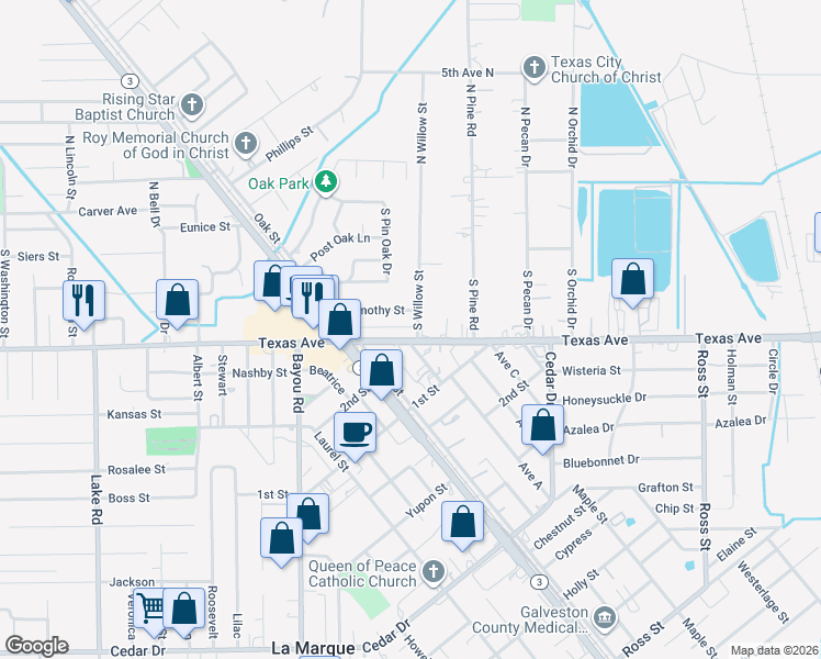 map of restaurants, bars, coffee shops, grocery stores, and more near 915 Farm to Market Road 1765 in Texas City