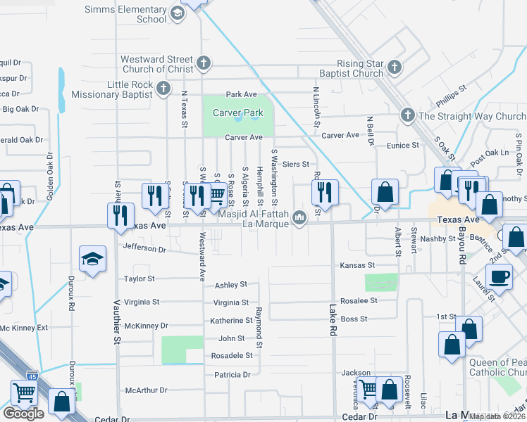 map of restaurants, bars, coffee shops, grocery stores, and more near 6502 Farm to Market Road 1765 in Texas City