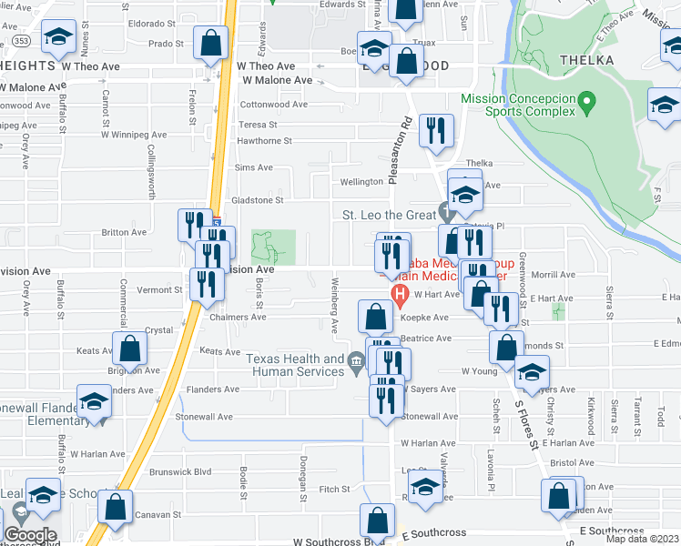 map of restaurants, bars, coffee shops, grocery stores, and more near 227 West Hart Avenue in San Antonio