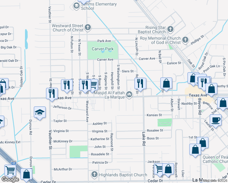 map of restaurants, bars, coffee shops, grocery stores, and more near 6502 Farm to Market Road 1765 in Texas City