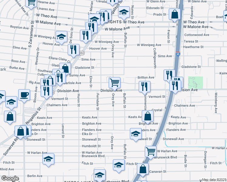 map of restaurants, bars, coffee shops, grocery stores, and more near 1035 Vermont Street in San Antonio