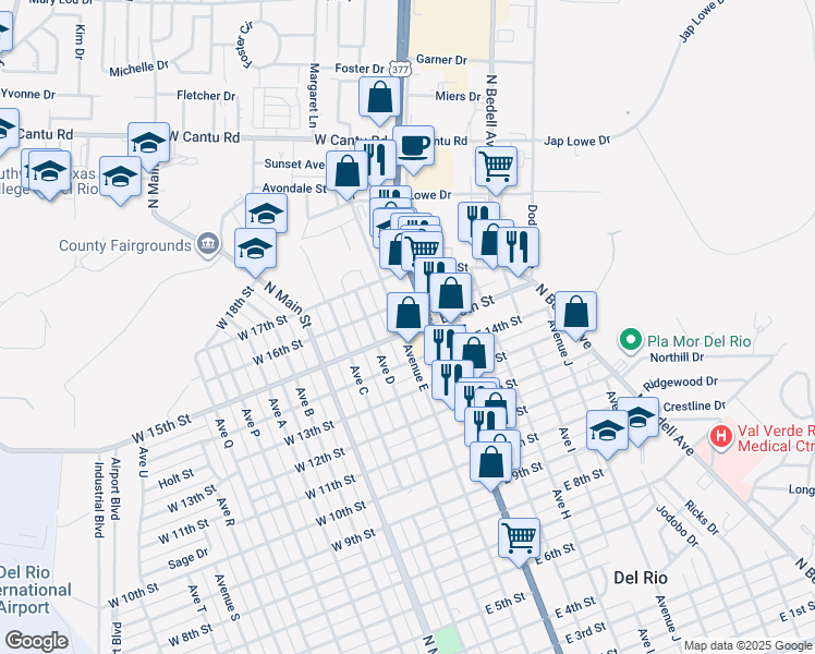 map of restaurants, bars, coffee shops, grocery stores, and more near 1603 Avenue East in Del Rio