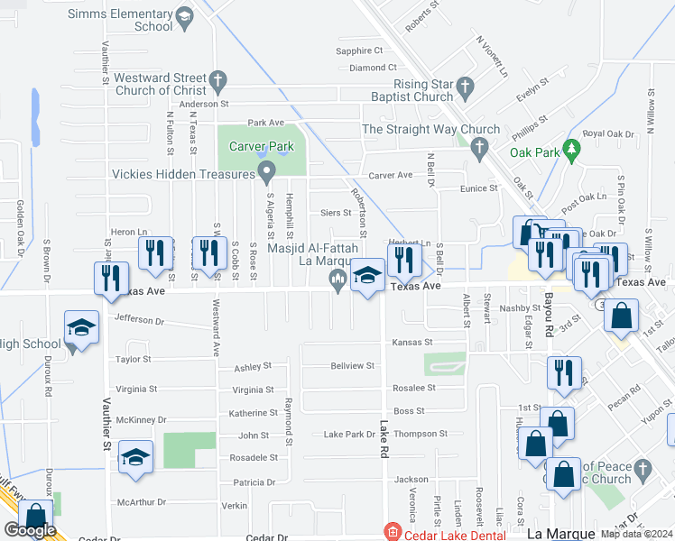 map of restaurants, bars, coffee shops, grocery stores, and more near 402 South Justice Street in Texas City