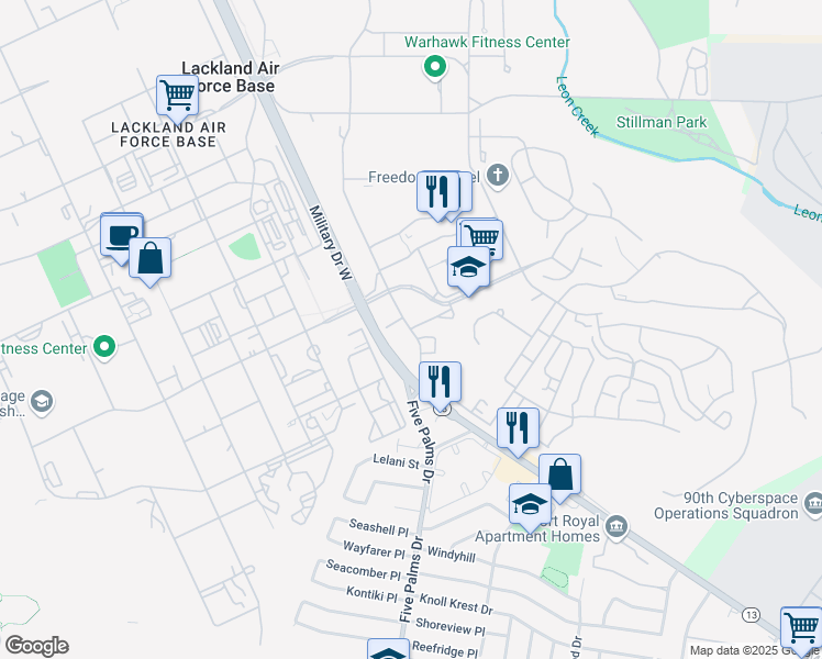 map of restaurants, bars, coffee shops, grocery stores, and more near Kewly Avenue & Selfridge Avenue in San Antonio