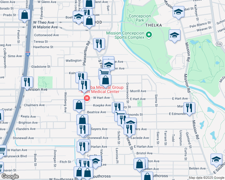 map of restaurants, bars, coffee shops, grocery stores, and more near 4707 South Flores Street in San Antonio