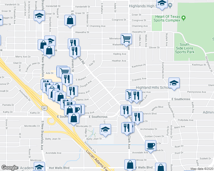 map of restaurants, bars, coffee shops, grocery stores, and more near 322 Glamis Avenue in San Antonio