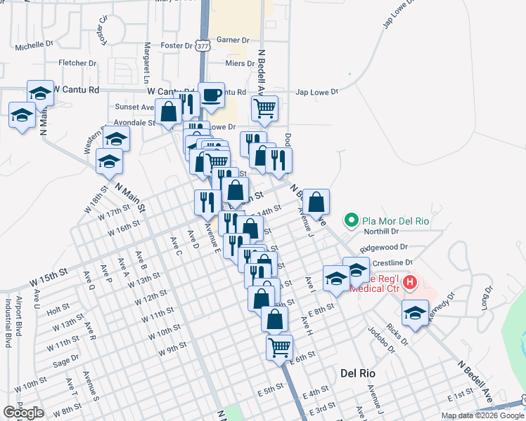 map of restaurants, bars, coffee shops, grocery stores, and more near 607 East 14th Street in Del Rio