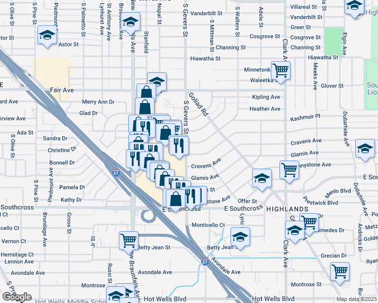 map of restaurants, bars, coffee shops, grocery stores, and more near 4142 South Gevers Street in San Antonio
