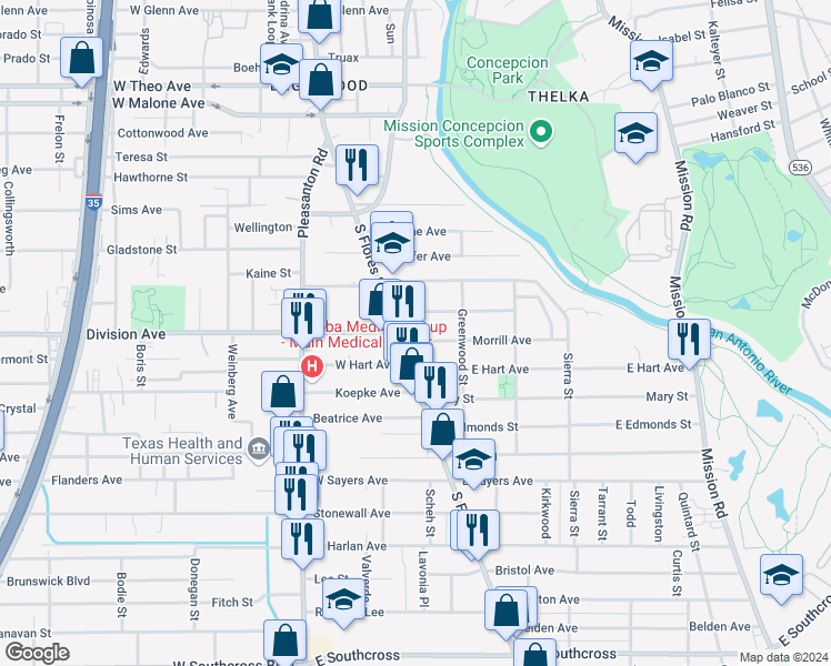 map of restaurants, bars, coffee shops, grocery stores, and more near 4707 South Flores Street in San Antonio