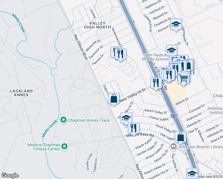 map of restaurants, bars, coffee shops, grocery stores, and more near 5407 Duke Field in San Antonio