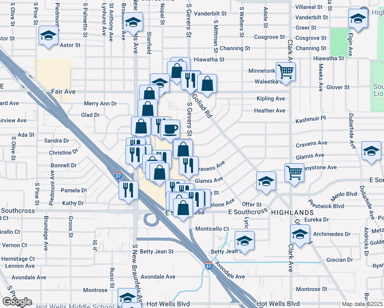 map of restaurants, bars, coffee shops, grocery stores, and more near 4142 South Gevers Street in San Antonio