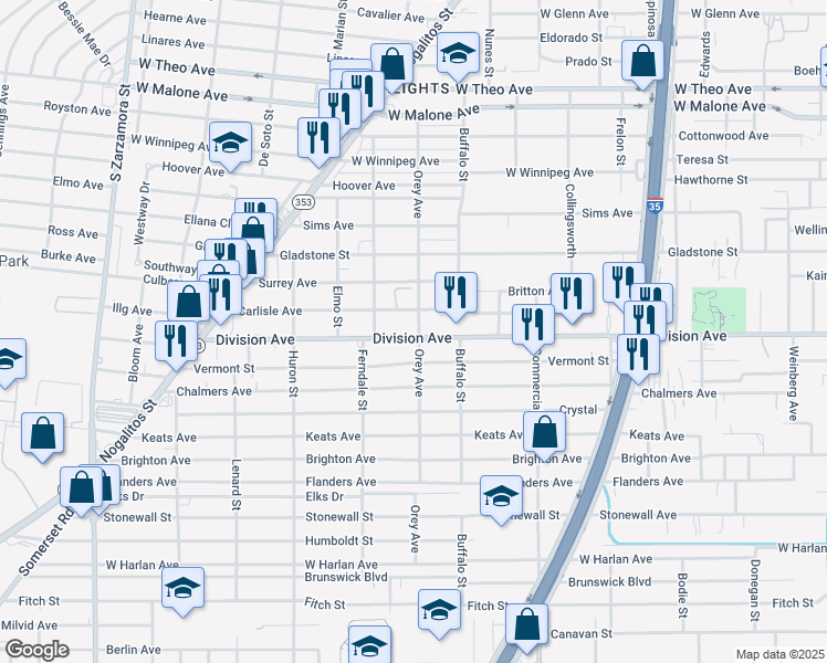 map of restaurants, bars, coffee shops, grocery stores, and more near 1035 Vermont Street in San Antonio