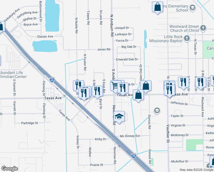 map of restaurants, bars, coffee shops, grocery stores, and more near 401 South East Road in Texas City