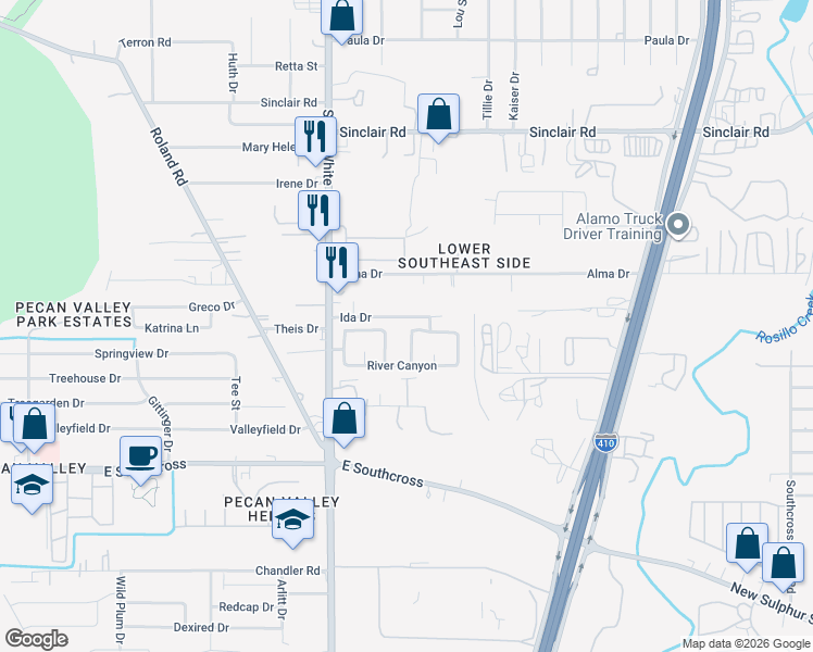 map of restaurants, bars, coffee shops, grocery stores, and more near 4623 River Post in San Antonio