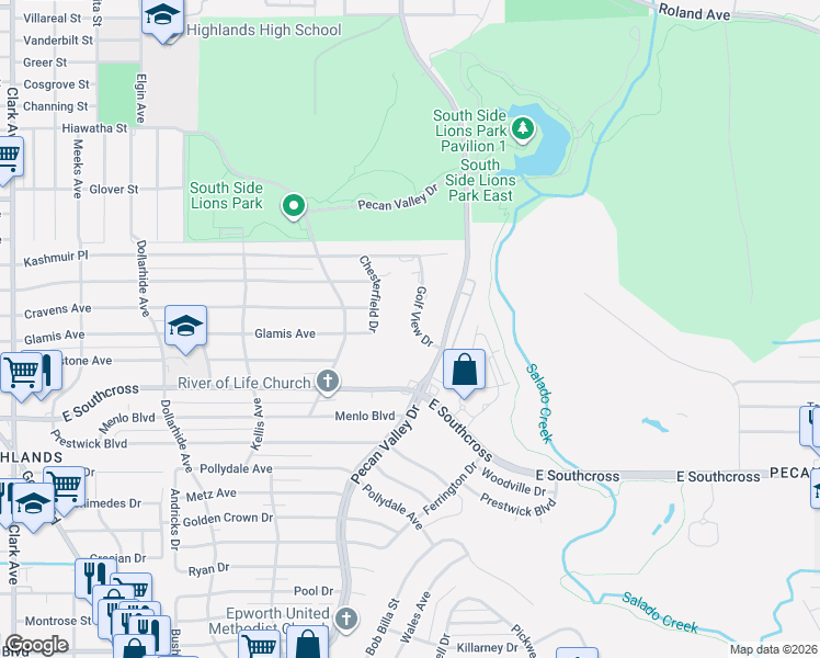 map of restaurants, bars, coffee shops, grocery stores, and more near 4603 Golf View Drive in San Antonio
