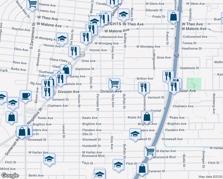 map of restaurants, bars, coffee shops, grocery stores, and more near 1035 Vermont Street in San Antonio