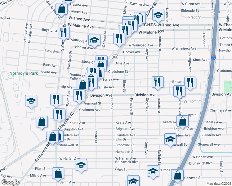 map of restaurants, bars, coffee shops, grocery stores, and more near 1230 Division Avenue in San Antonio