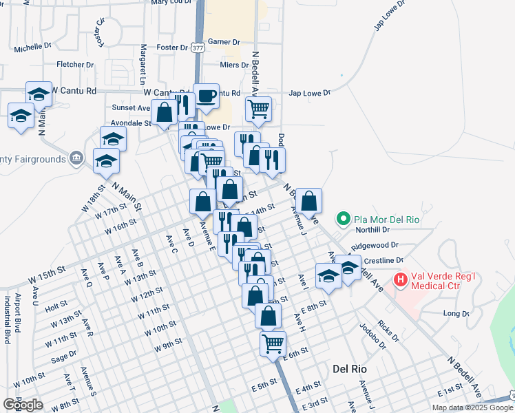 map of restaurants, bars, coffee shops, grocery stores, and more near 607 East 14th Street in Del Rio