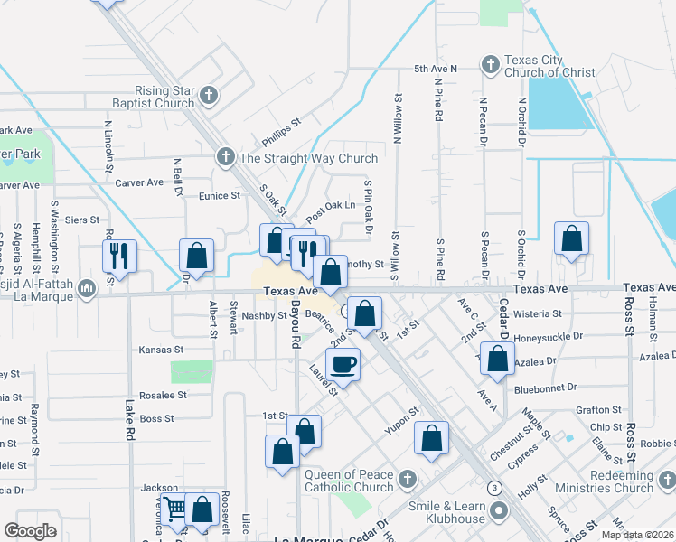 map of restaurants, bars, coffee shops, grocery stores, and more near 5106 Timothy Street in Texas City
