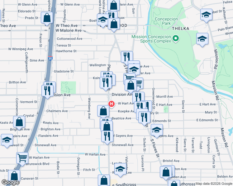 map of restaurants, bars, coffee shops, grocery stores, and more near 506 Pleasanton Road in San Antonio
