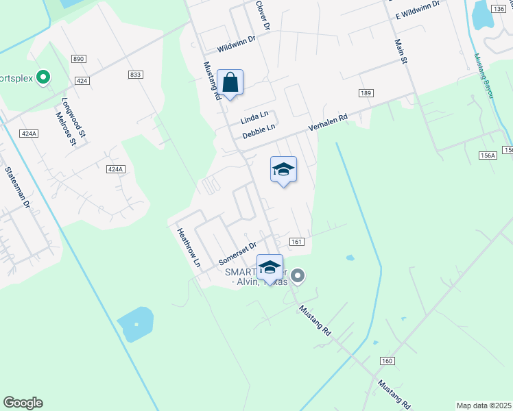 map of restaurants, bars, coffee shops, grocery stores, and more near 5247 Morgan Oak Drive in Alvin
