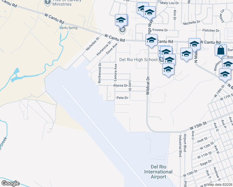 map of restaurants, bars, coffee shops, grocery stores, and more near 216 Alyssa Drive in Del Rio
