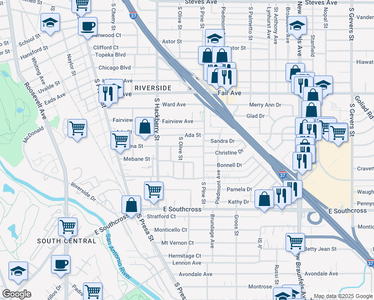map of restaurants, bars, coffee shops, grocery stores, and more near 421 Regina Street in San Antonio