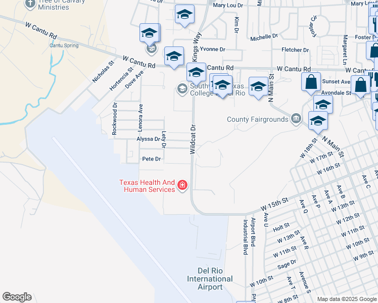 map of restaurants, bars, coffee shops, grocery stores, and more near 101 Alyssa Drive in Del Rio