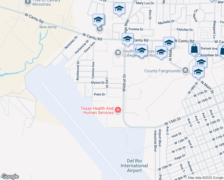 map of restaurants, bars, coffee shops, grocery stores, and more near 107 Alyssa Drive in Del Rio