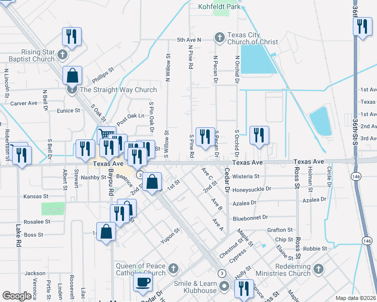 map of restaurants, bars, coffee shops, grocery stores, and more near 315 South Pine Road in Texas City