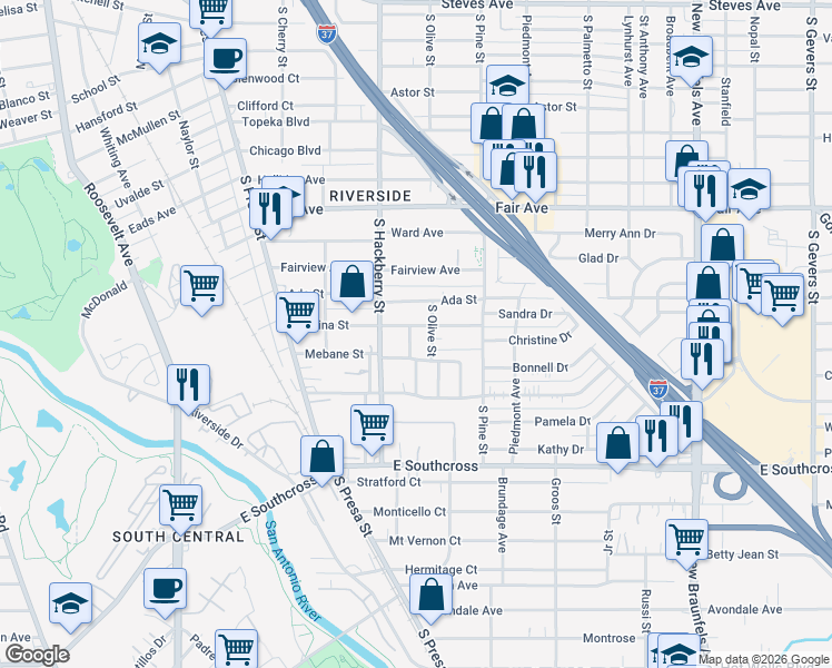 map of restaurants, bars, coffee shops, grocery stores, and more near 325 Regina Street in San Antonio