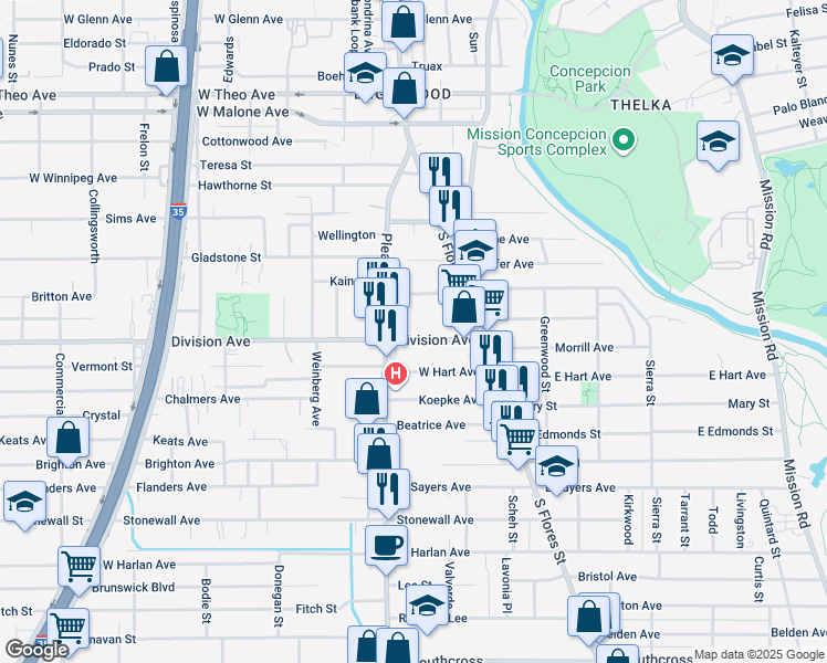 map of restaurants, bars, coffee shops, grocery stores, and more near 506 Pleasanton Road in San Antonio