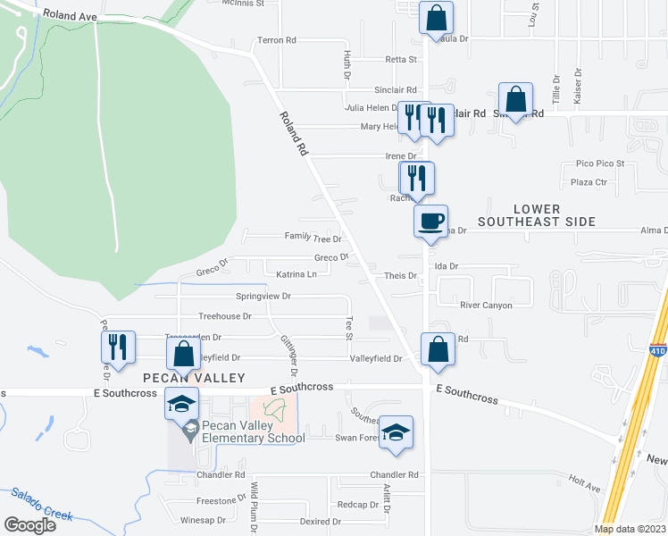 map of restaurants, bars, coffee shops, grocery stores, and more near 4910 Native Drive in San Antonio