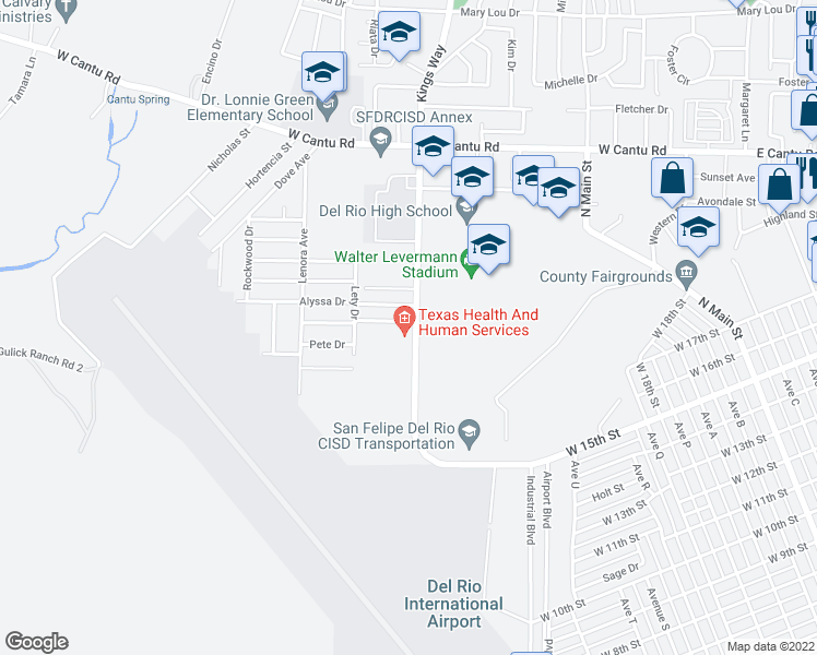 map of restaurants, bars, coffee shops, grocery stores, and more near 101 Alyssa Drive in Del Rio
