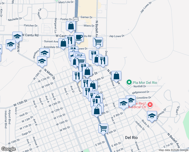 map of restaurants, bars, coffee shops, grocery stores, and more near 1701-1799 Ave H in Del Rio